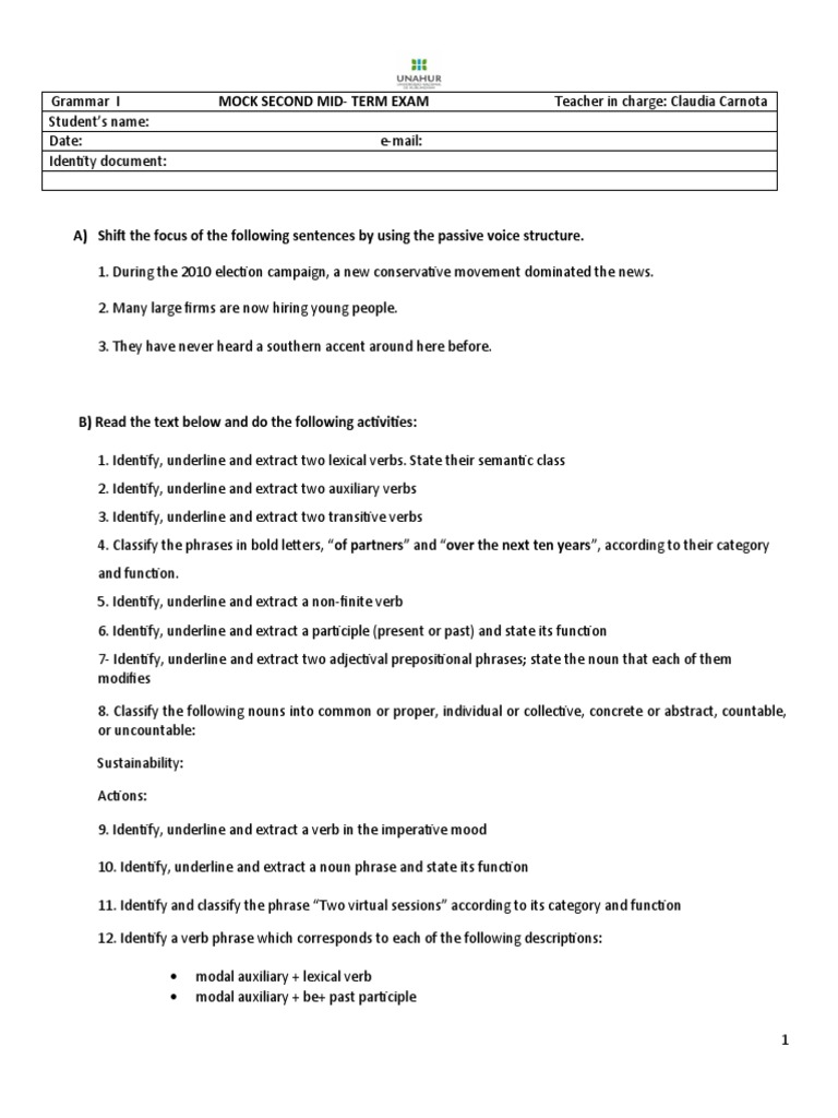 Mock Second Mid - Term Exam | PDF | Verb | Phrase