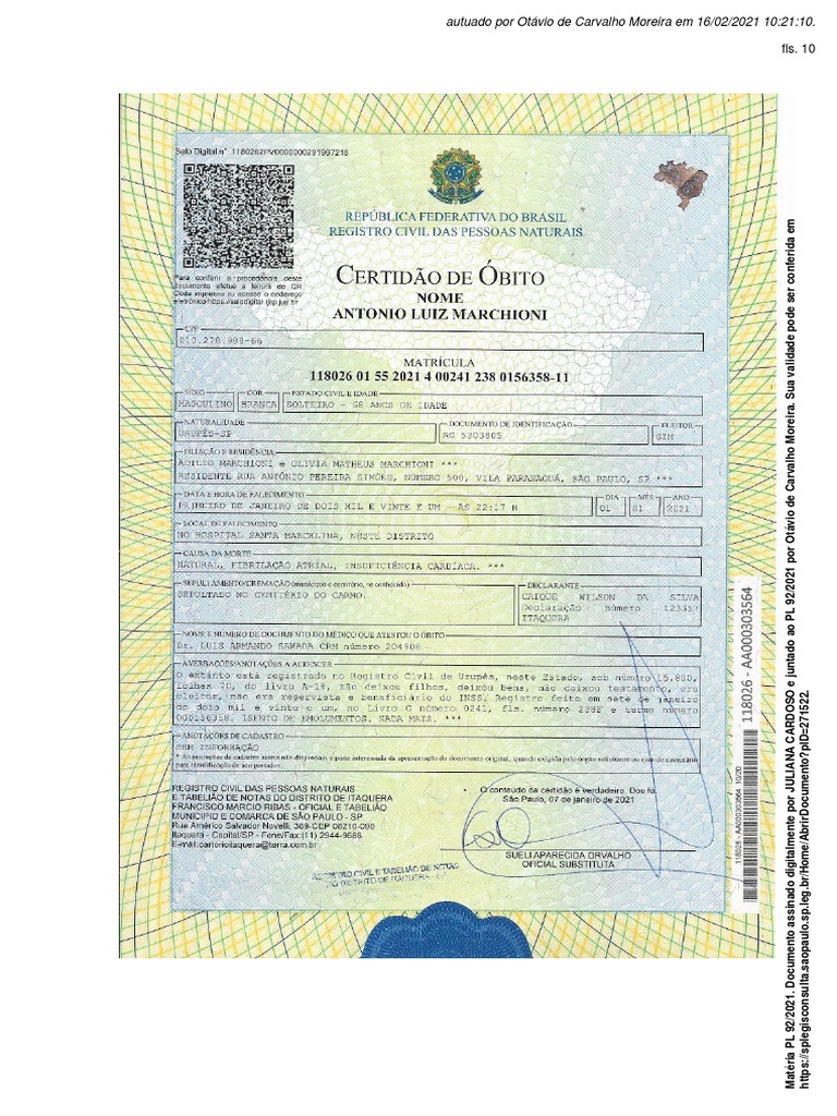 Certidão De óbito Pdf