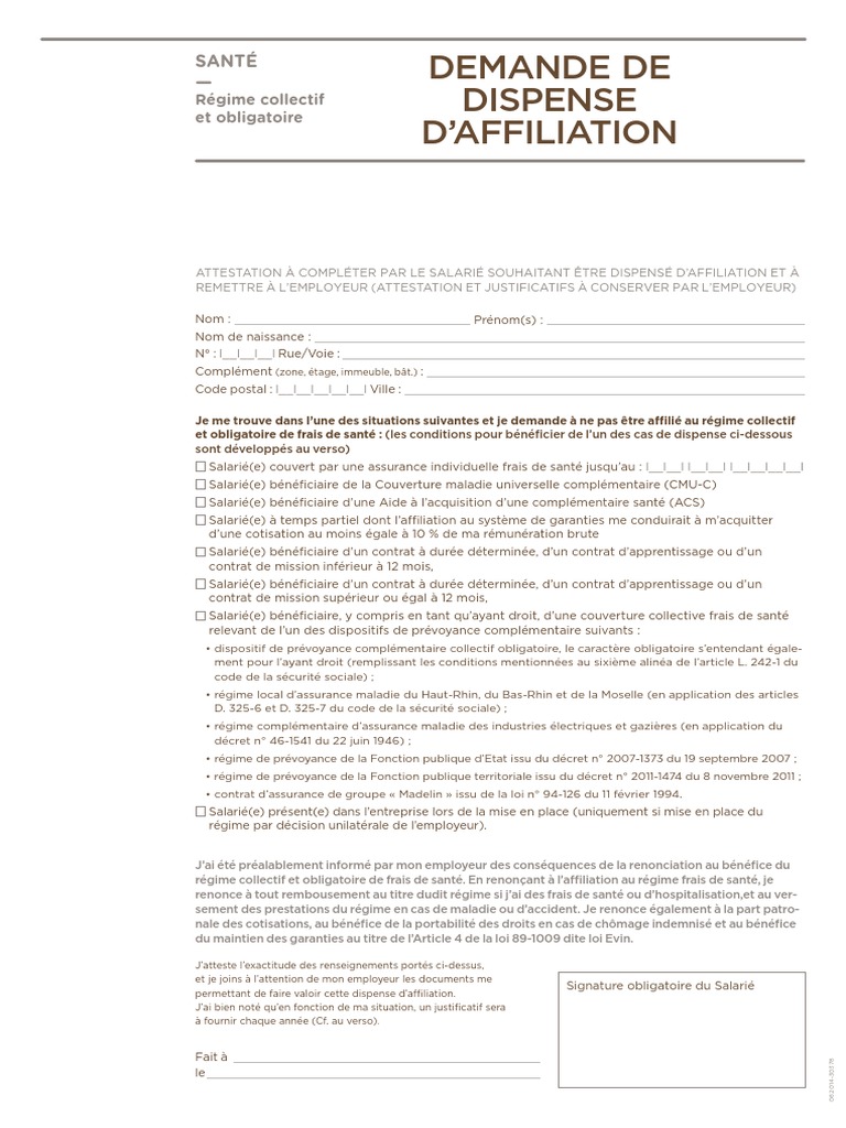 Demande de Dispense d'Affiliation Mutuelle | PDF | Assurance