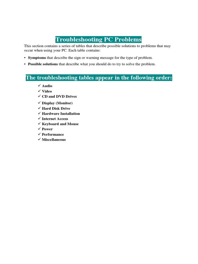 PC Troubleshooting Guide | PDF | Computer Keyboard | Compact Disc