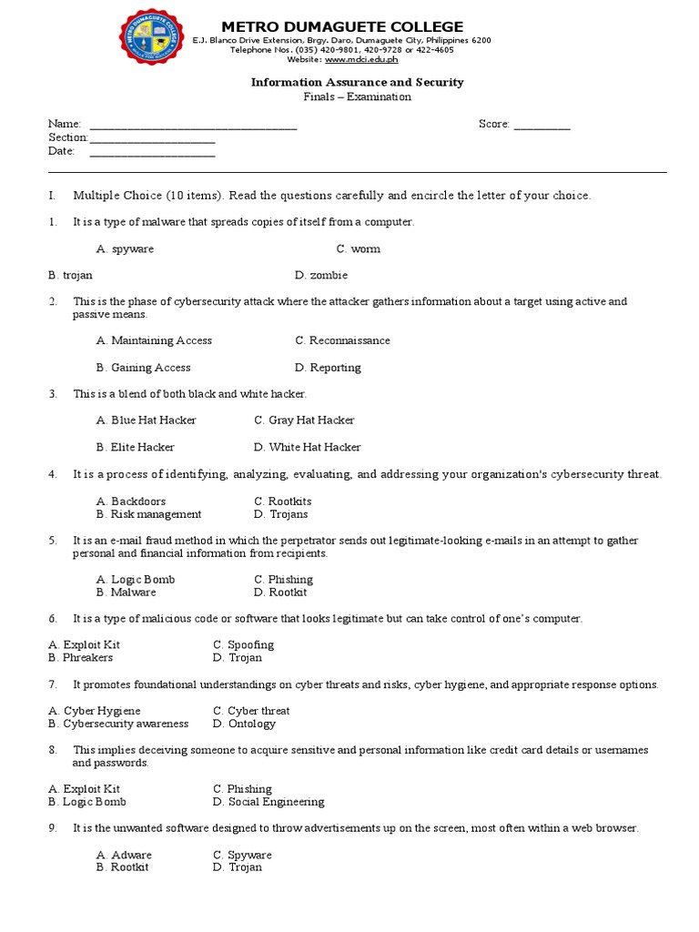 Information Assurance Final Exam | PDF | Security | Computer Security