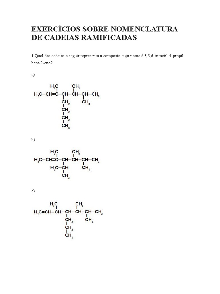 Exercícios Sobre Nomenclatura de Cadeias Ramificadas | PDF
