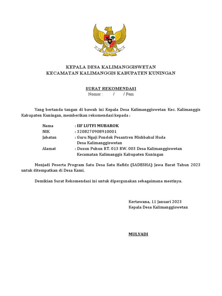 Surat Rekom Sadesha Dari Kuwu | PDF