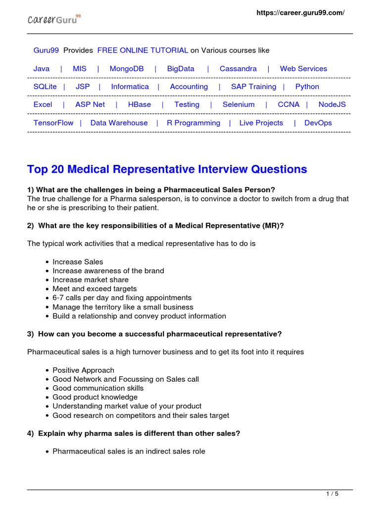 Medical Representative Interview Questions PDF Marketing Pharmacy