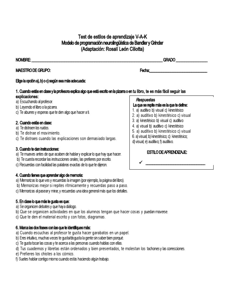 Test de Estilos de Aprendizaje V-A-K | PDF | Aprendizaje | Ciencia ...