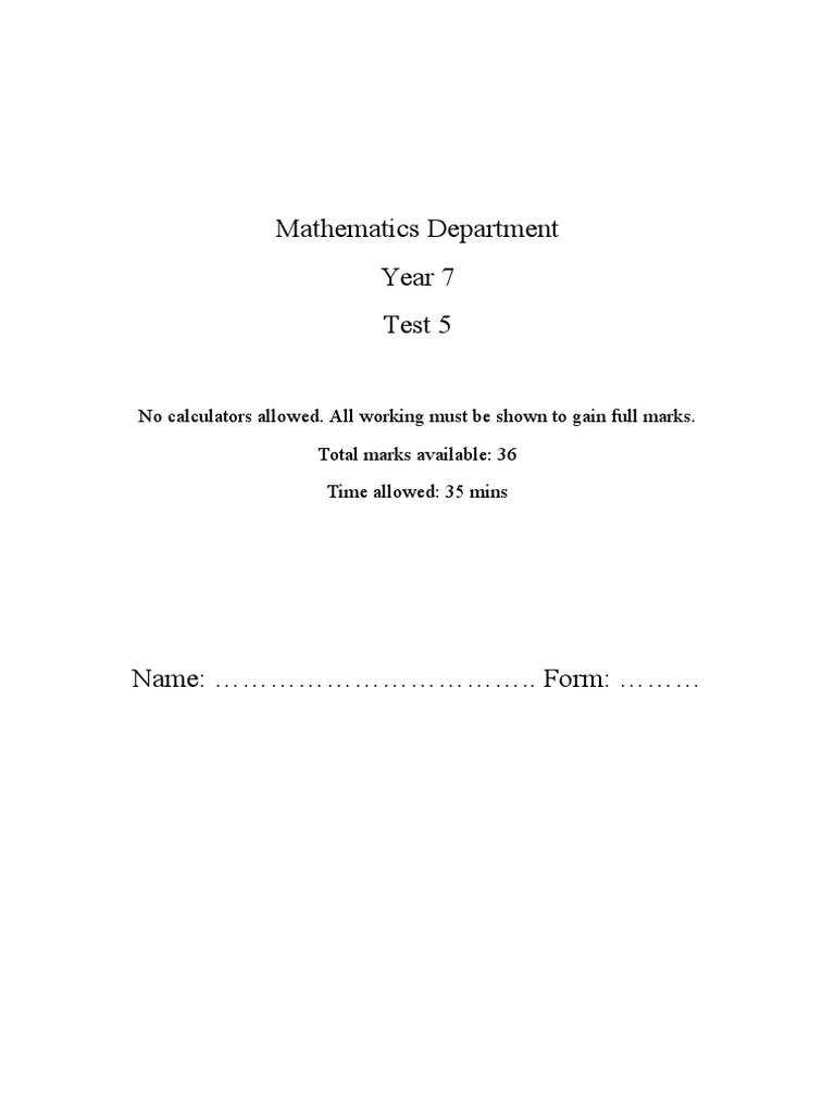 Year 7 Test 5 May 22 Pdf Area Elementary Mathematics