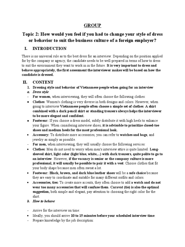 Topic 2 - Outline For Presentation | PDF | Clothing | Job Interview