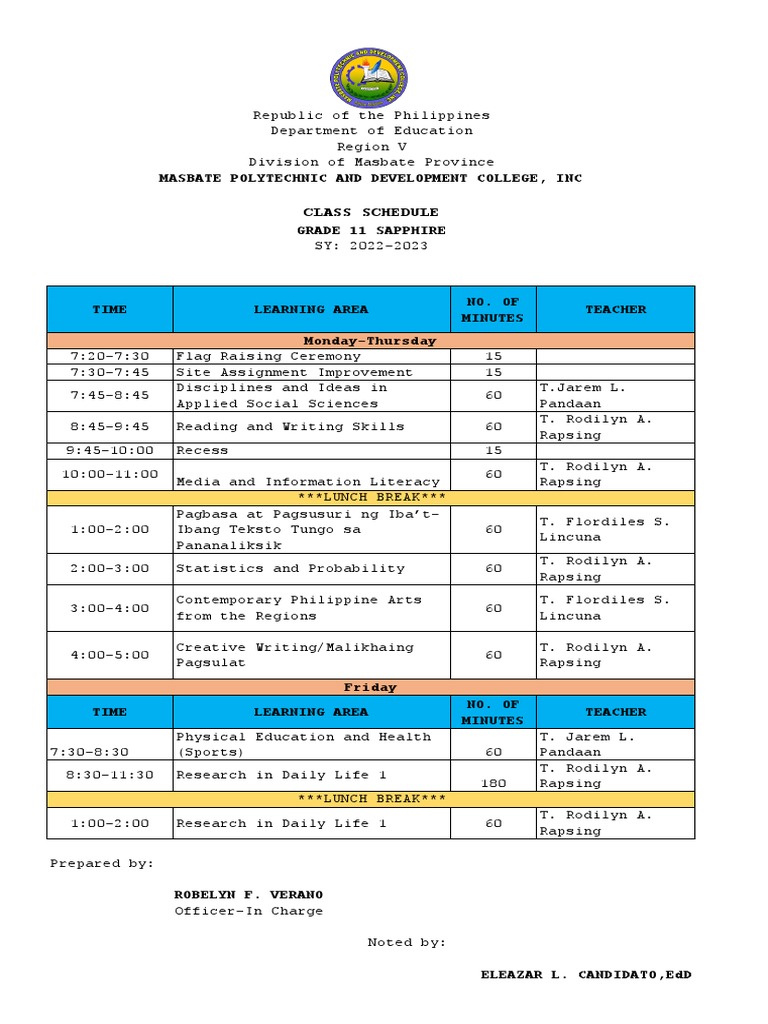 Grade 11 & 12 Class Schedule 2022-2023 | PDF | Behavior Modification ...