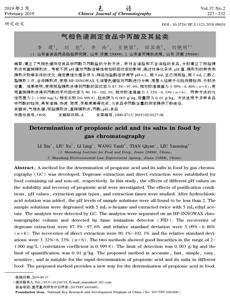 Determination of Propionic Acid and Its Salts in Food by Gas