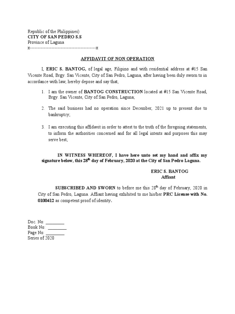 Affidavit of non operation and bankruptcy pdf