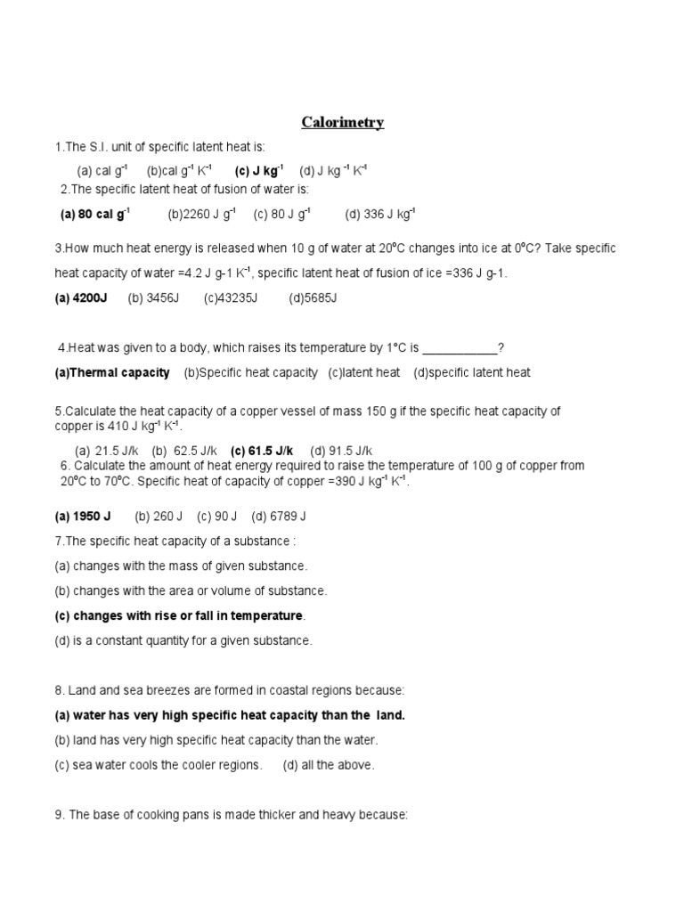 Calorimetry MCQ PDF Heat Heat Capacity