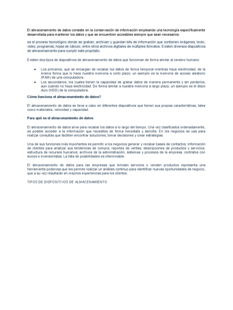 El Almacenamiento de Datos | PDF