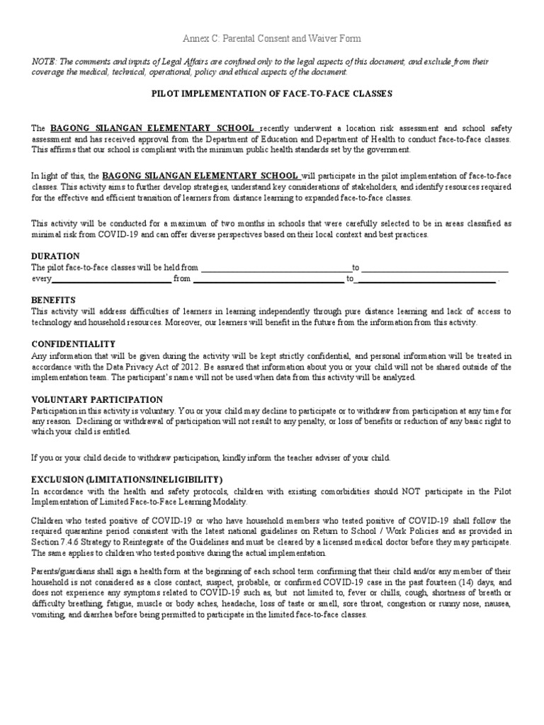 Annex C Parental Consent and Waiver Form | PDF | Informed Consent ...