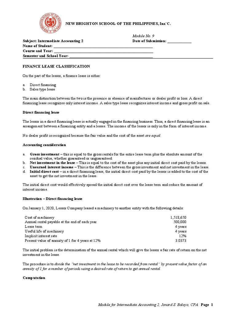 Module 9-DIRECT FINANCING LEASE - LESSOR | PDF | Present Value | Lease