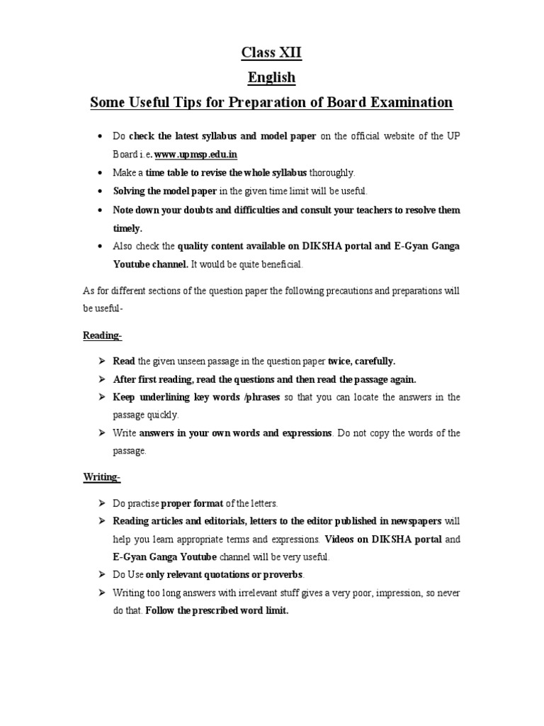 Class XII English Board Exam Tips | PDF | Test (Assessment) | Multiple ...