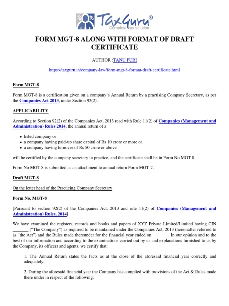 MGT-8 Draft Certificate Format Guide | PDF | Securities (Finance) | Audit