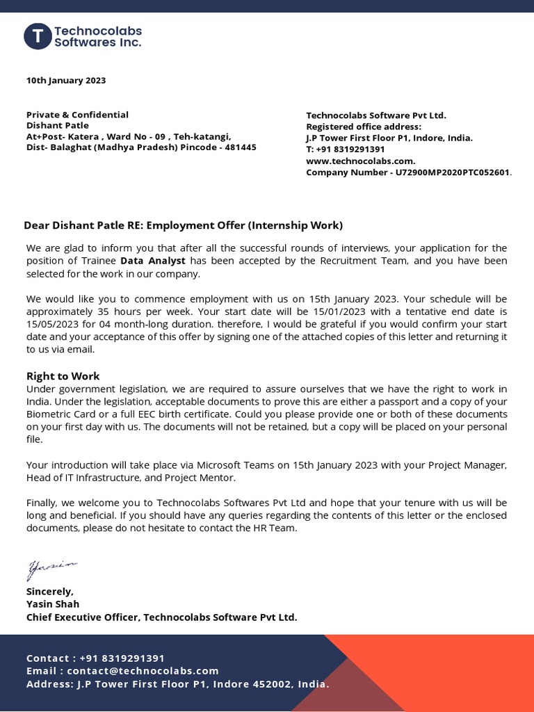 Trainee Data Analyst Offer Letter | PDF | Employment | Business