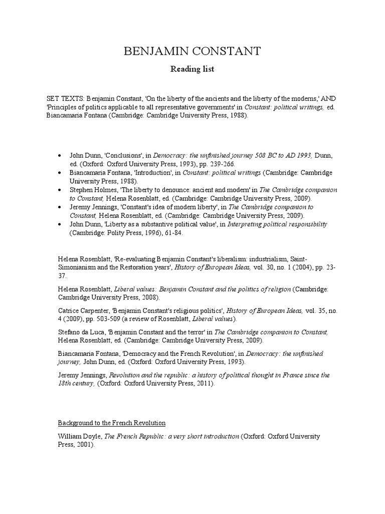 Constant Reading List | PDF | Liberalism | Democracy