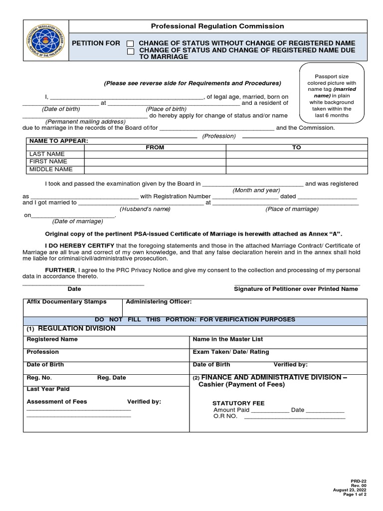 PRC Change of Status Petition Form | PDF | Identity Document | Notary ...