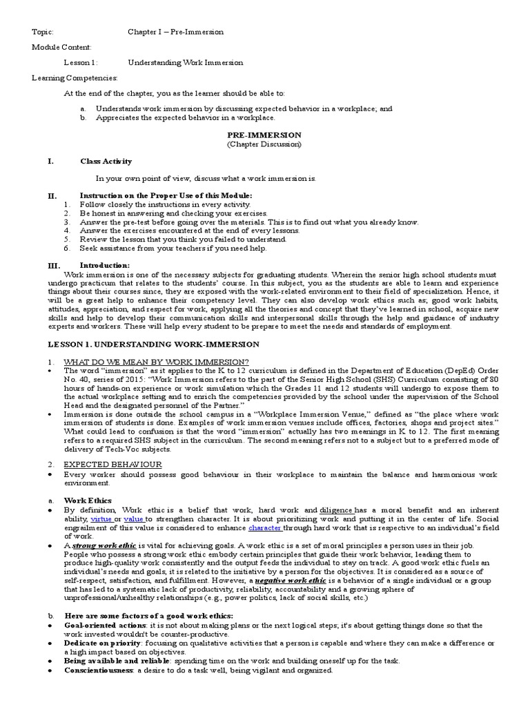 Work Immersion Module Pre Immersion PDF Cost Of Living Employment