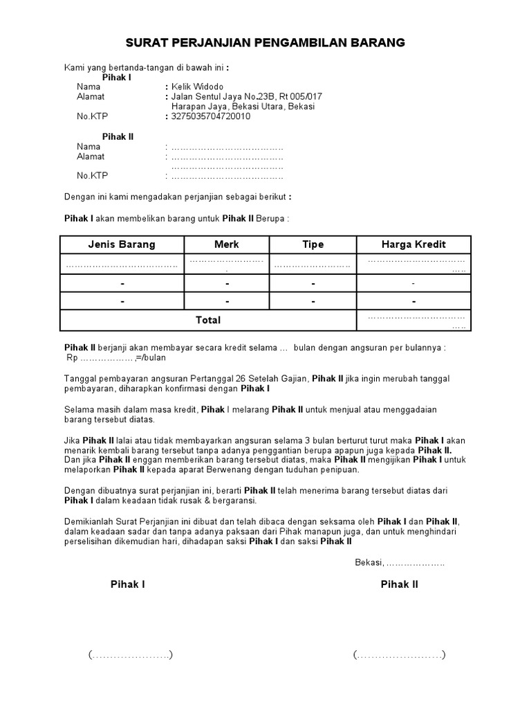 Surat Perjanjian Pengambilan Barang | PDF