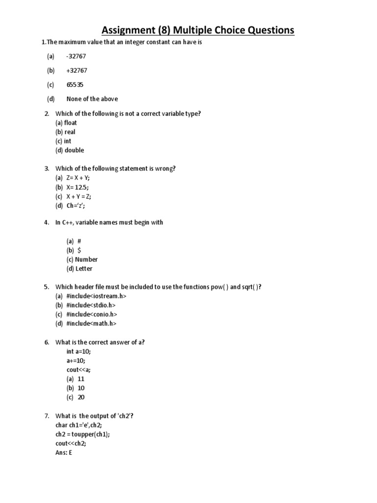 C++ Multiple Choice Questions Quiz | PDF | Integer (Computer Science) | C++