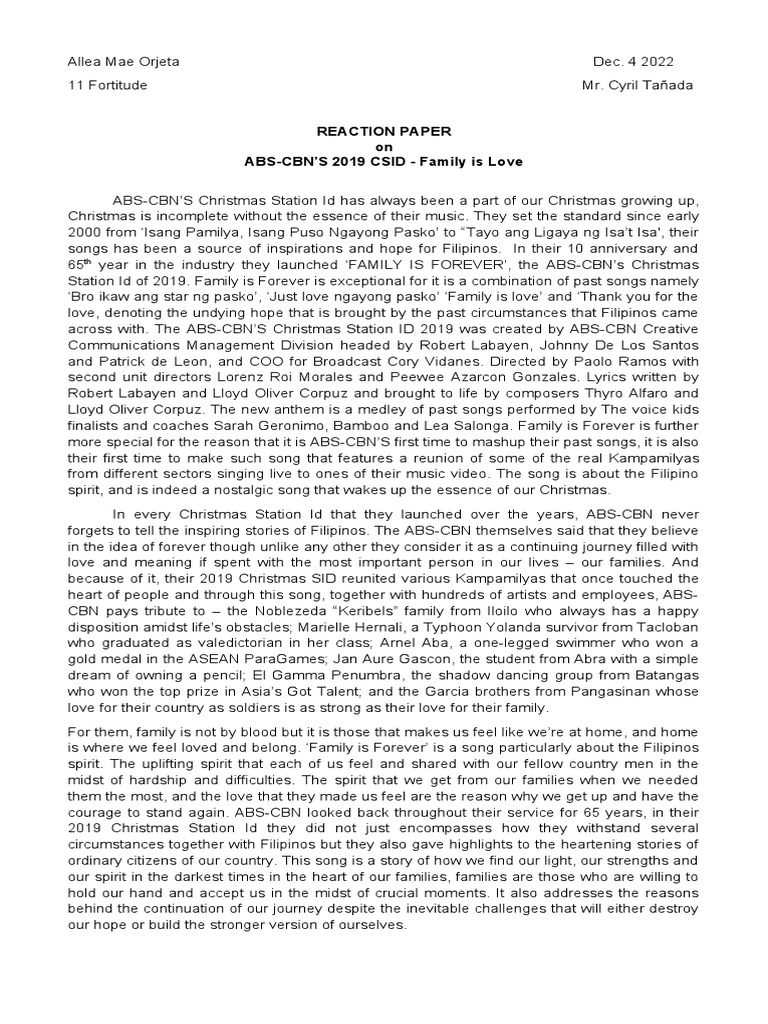 A celebration of family a reaction paper on abs cbn s 2019 christmas