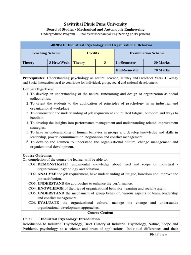 Industrial Psychology and Organizational BehaviorSyllabus PDF