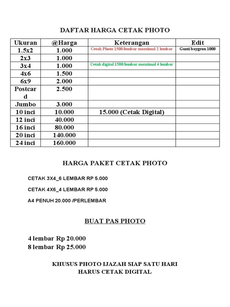 Daftar Harga Cetak Photo | PDF