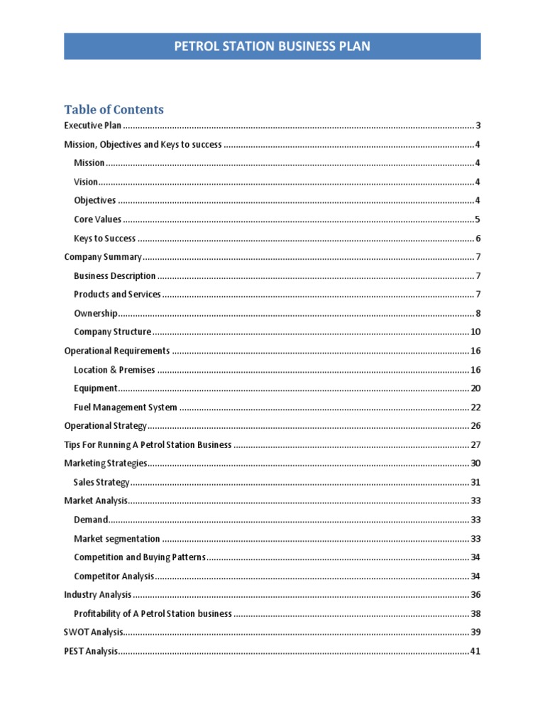Petrol Station Business Plan Contents Table PDF Business Plan Risk