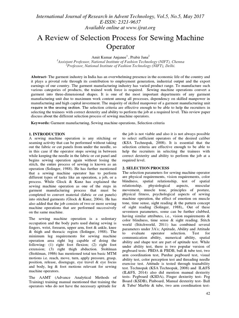 Evaluating the Selection Process for Sewing Machine Operators A Review