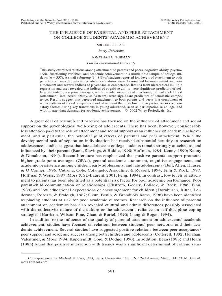 The Influence of Parental and Peer Attachment On College Students ...