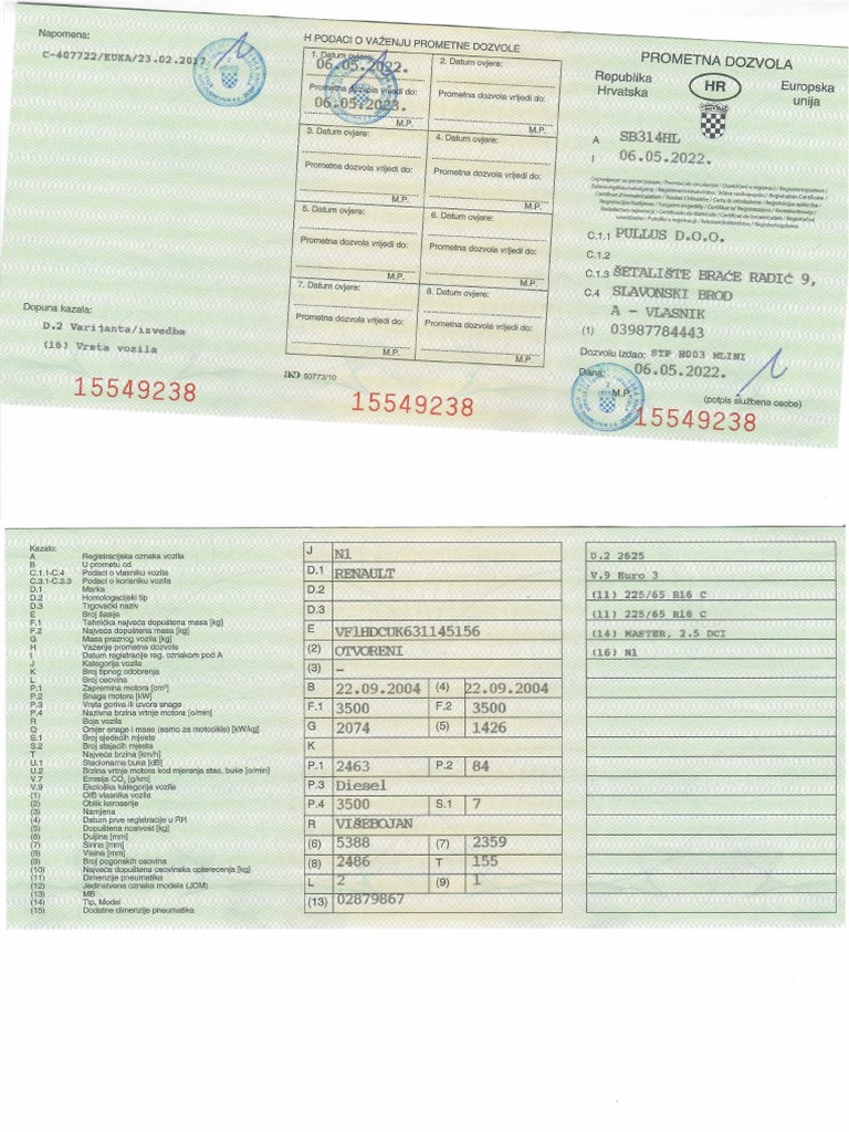 Prometna Dozvola Renault Kombi SB314HL PDF