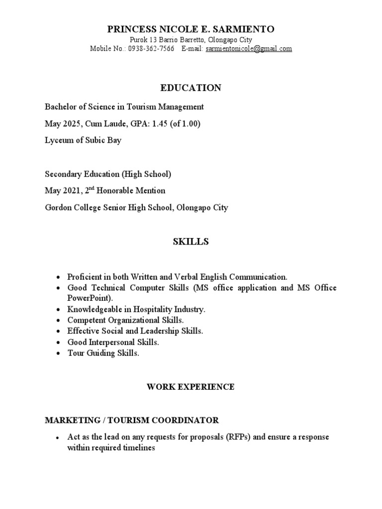 Princess Nicole E Sarmiento #39 s Resume Highlighting Her Strong Academic