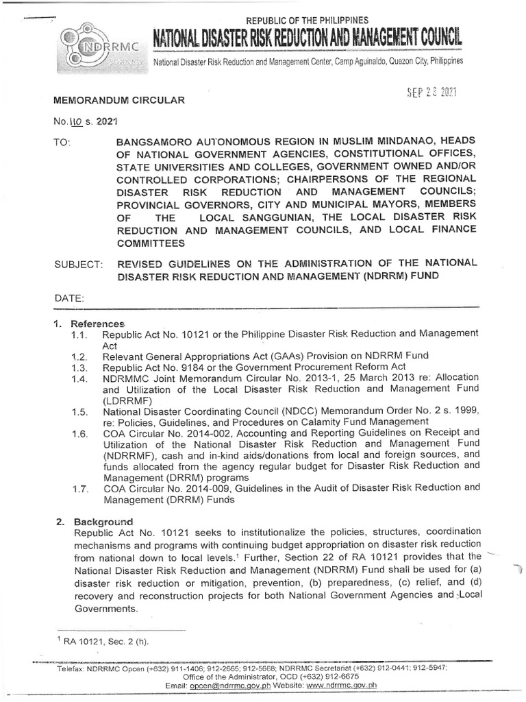 NDRRMC Memorandum Circular No. 110 S. 2021 MC110 Without Memo To SND | PDF