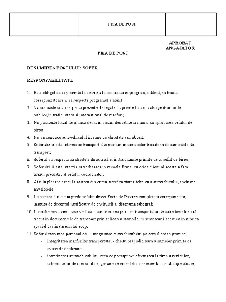 Fisa Postului Sofer – Fisa postului Mecanic Auto – XIJMH