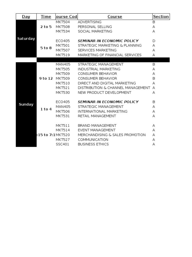 Day Time Course Code Course Section: Saturday | PDF