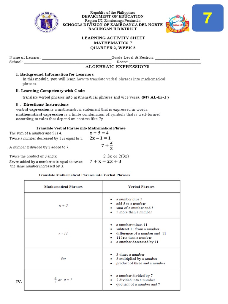 Mathematics 7 LAS Q2 WEEK 3 | PDF