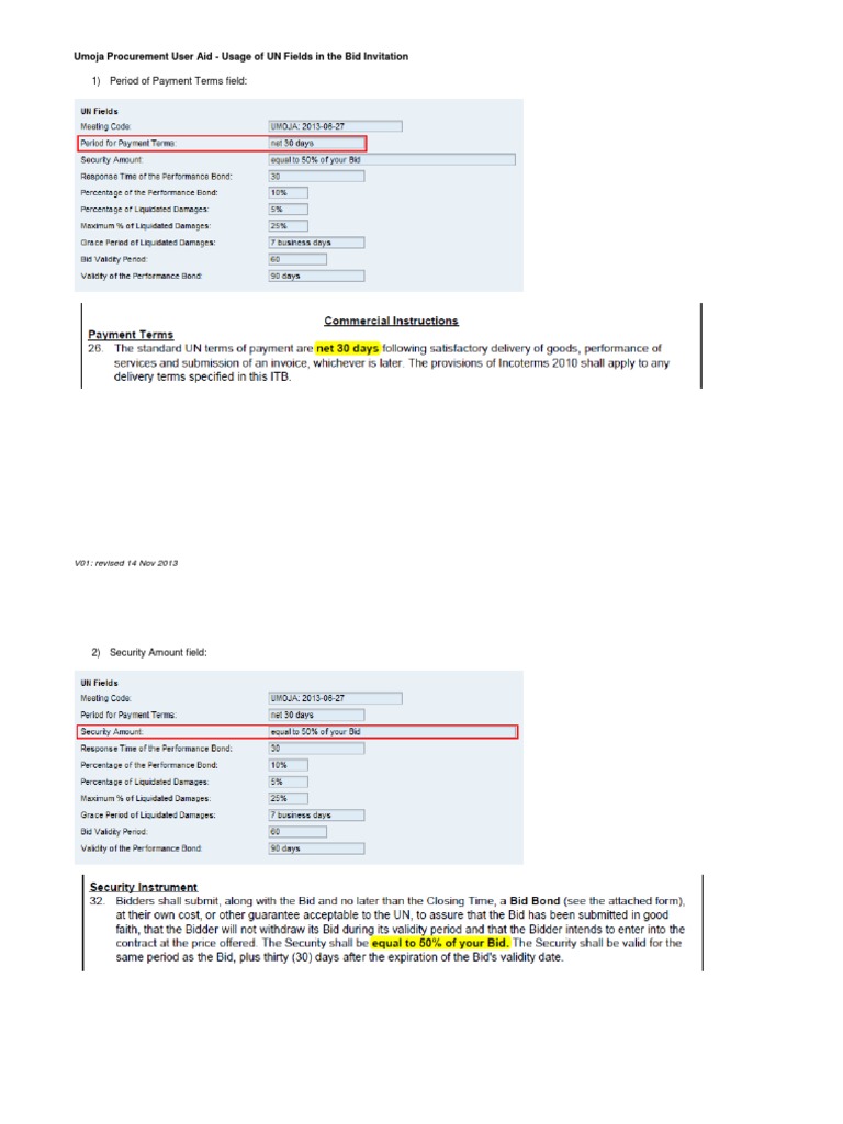 Usage of Un Fields in The Bid Invitation Umoja Job Aid PDF
