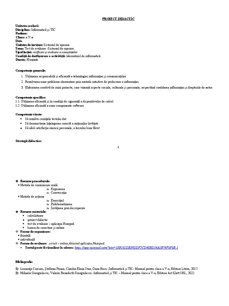 Proiect de Lectie - Informatica Cls 5 | PDF