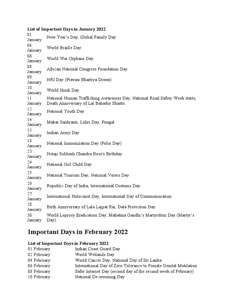List of important days pdf
