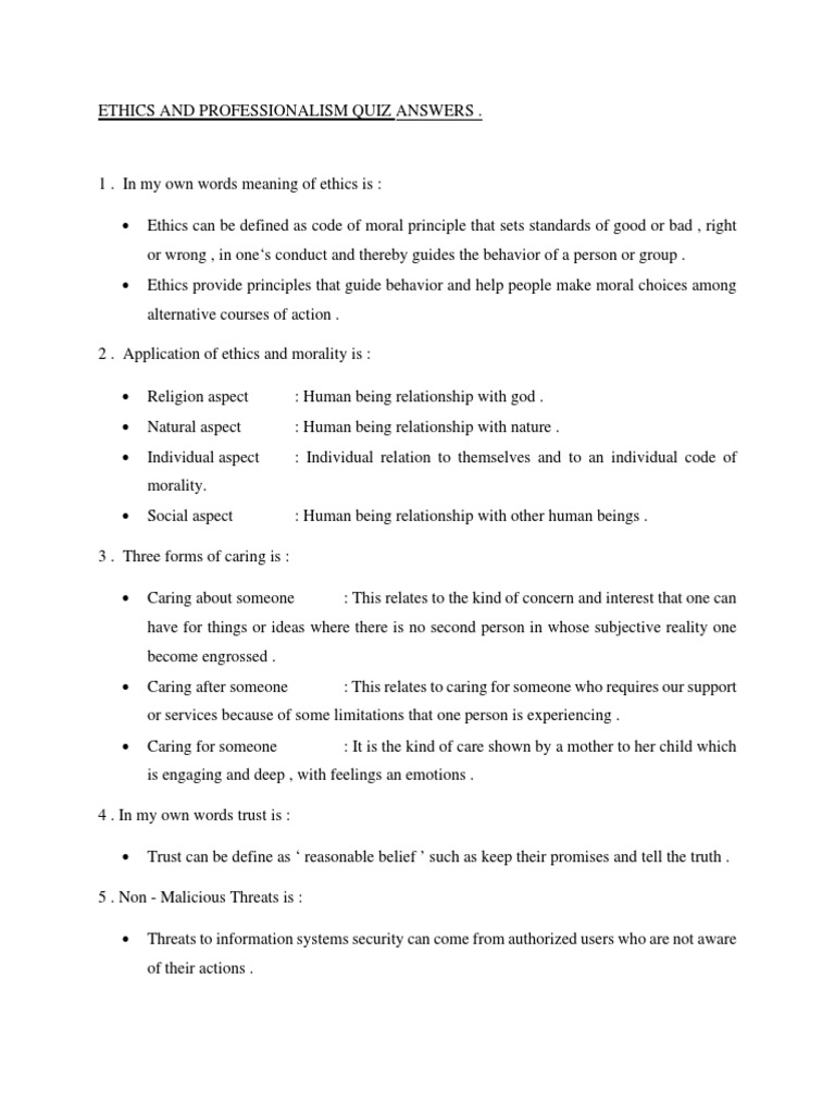 Ethics and Professionalism Quiz Answers | PDF | Morality | Privacy