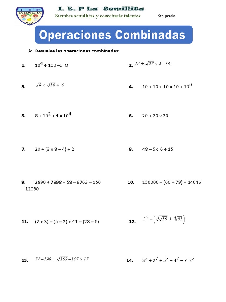 Actividades de Operaciones Combinadas para Quinto de Primaria PDF