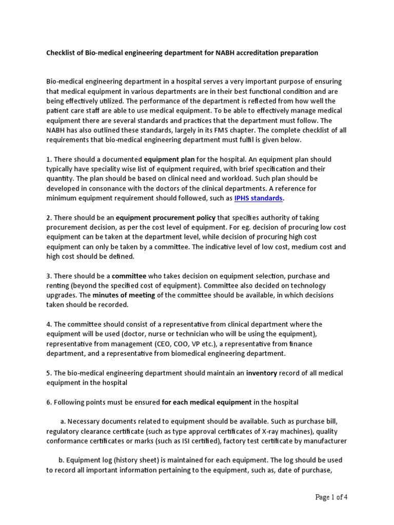 Checklist of BioMedical Engineering Department For NABH Accreditation