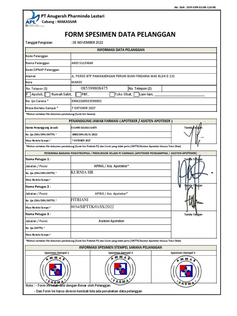 Formulir Spesimen Data Pelanggan PBF | PDF