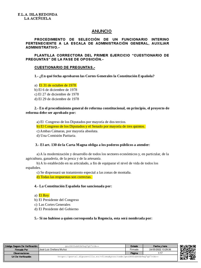Anuncio Plantilla Tipo Test | PDF | Gobierno de españa | Gobierno local