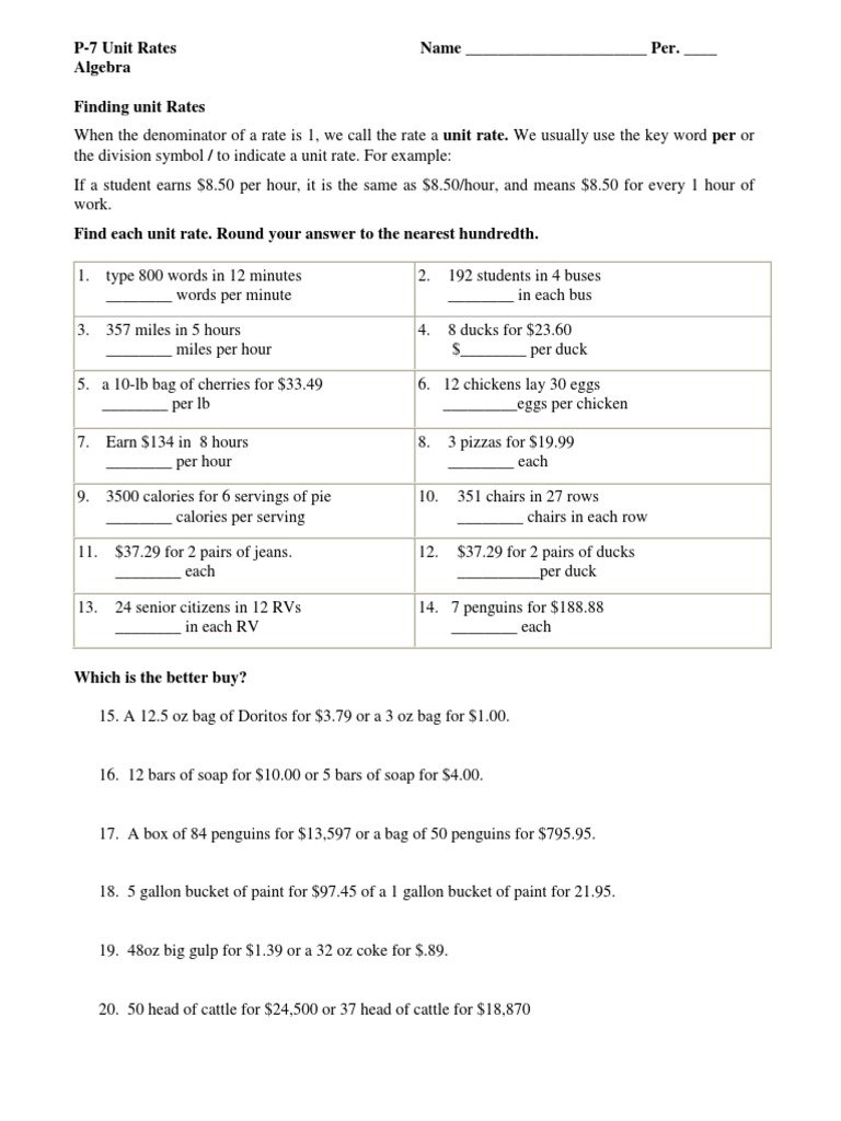 Unit Rate Worksheet PDF