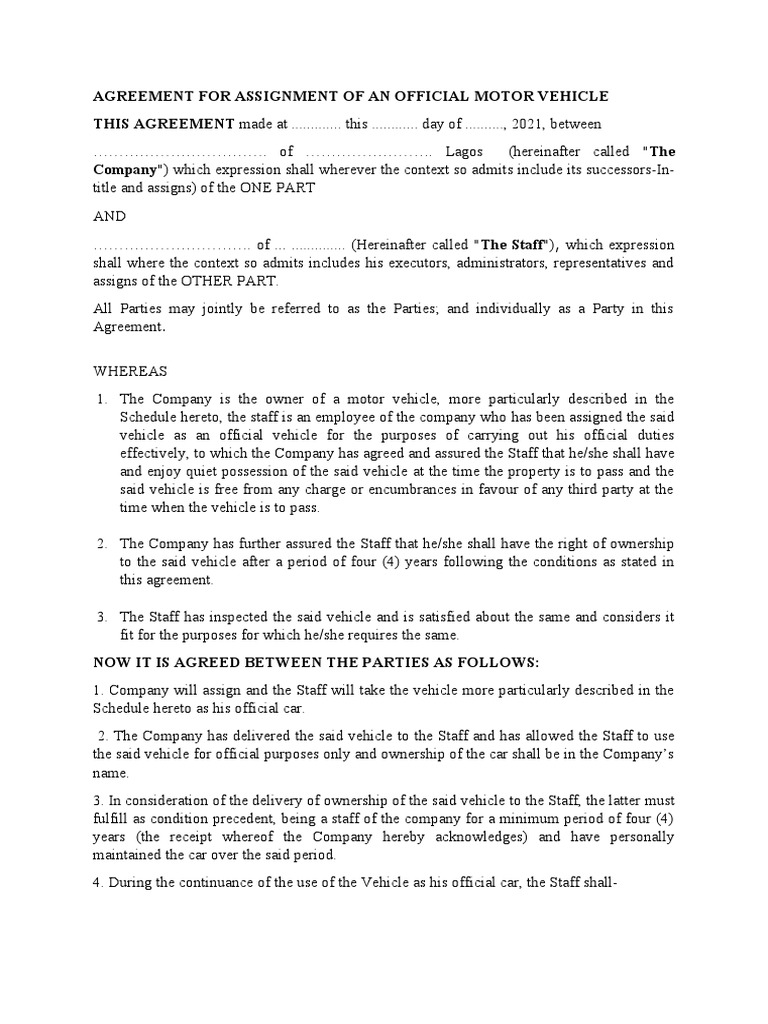 Agreement for assignment of an official motor vehicle pdf insurance