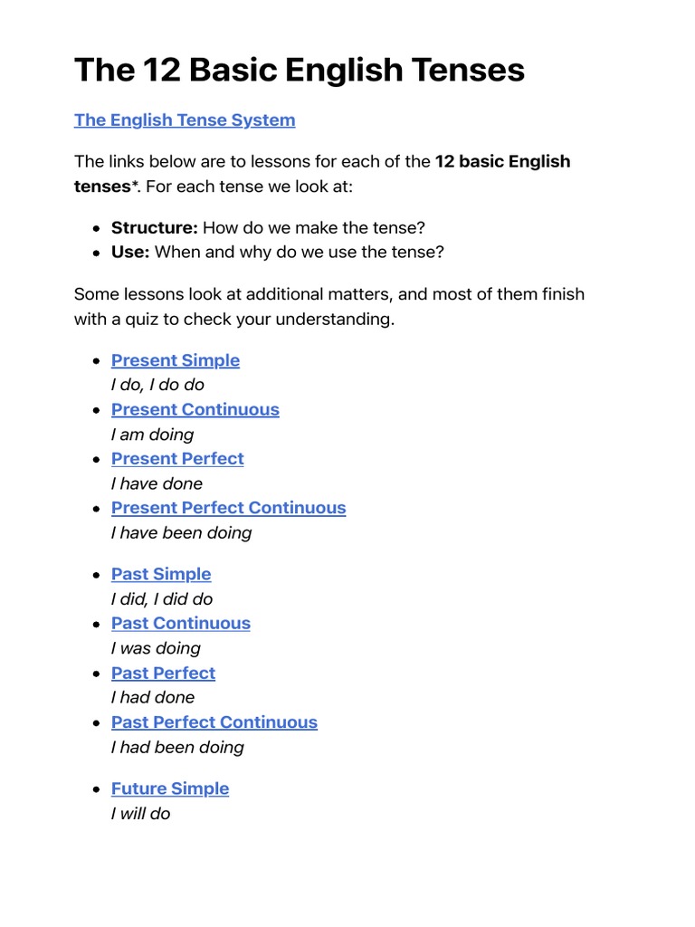 Overview of 12 Basic English Tenses | PDF | Language Arts & Discipline