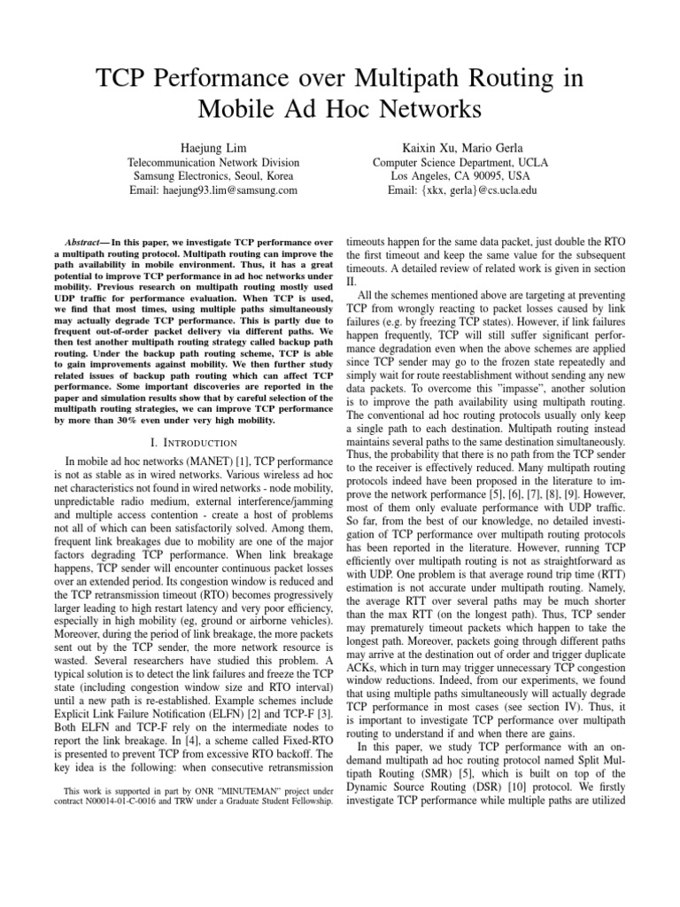 TCP Performance Over Multipath Routing in Mobile Ad Hoc Networks | PDF